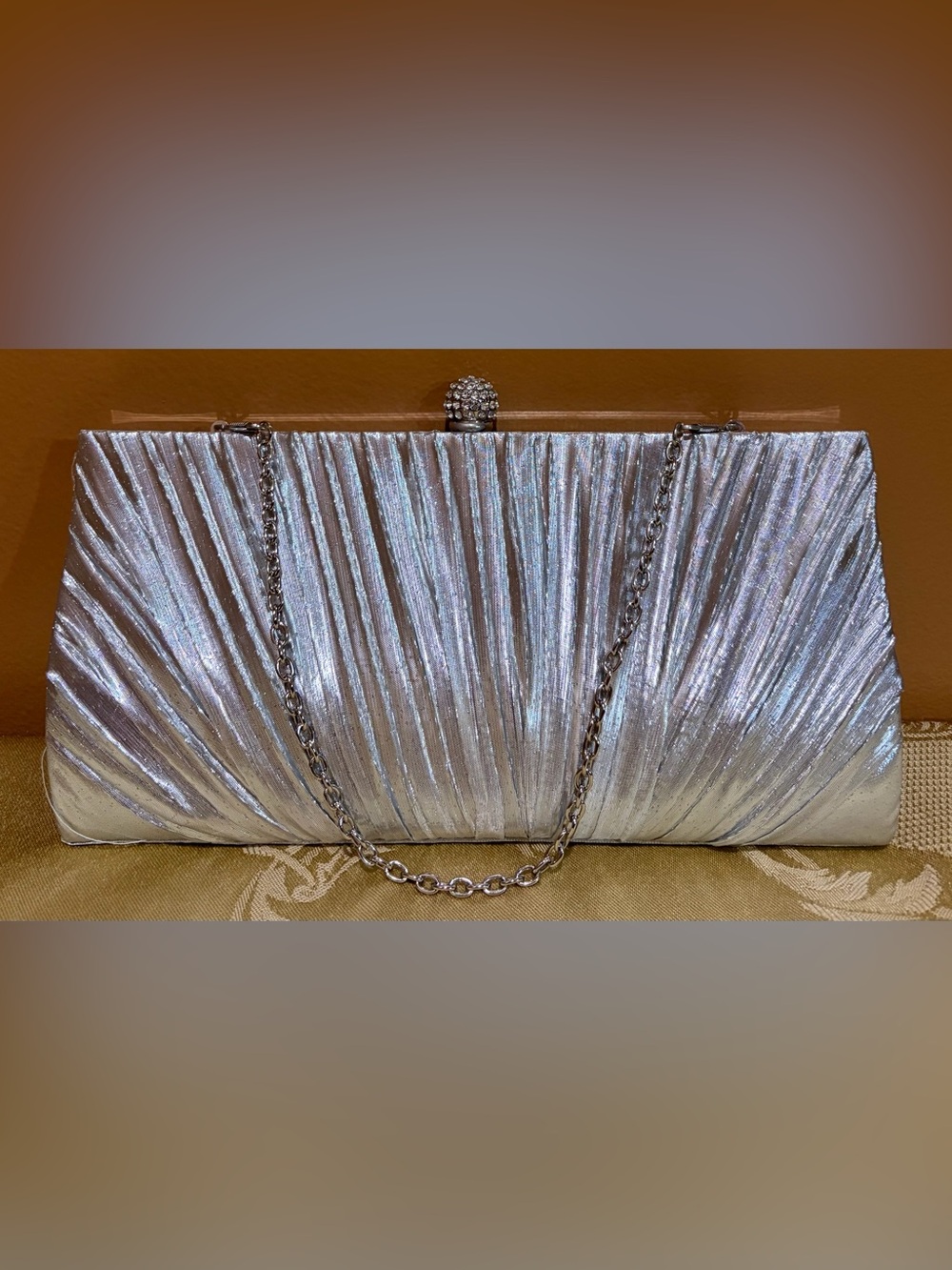 Silver Metallic Pleated Evening Clutch